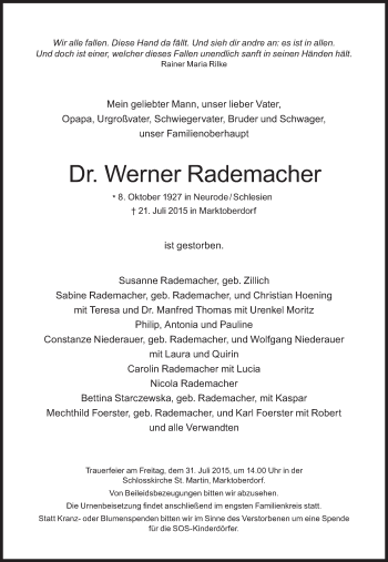 Traueranzeige von Werner Rademacher von Süddeutsche Zeitung