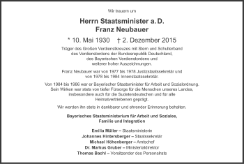 Traueranzeige von Franz Neubauer von Süddeutsche Zeitung