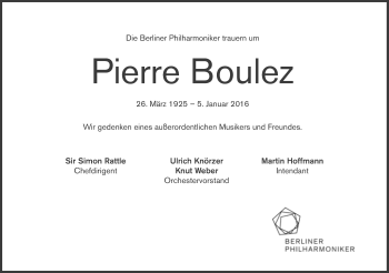 Traueranzeige von Pierre Boulez von Süddeutsche Zeitung