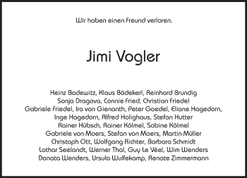 Traueranzeige von Jimi Vogler von Süddeutsche Zeitung