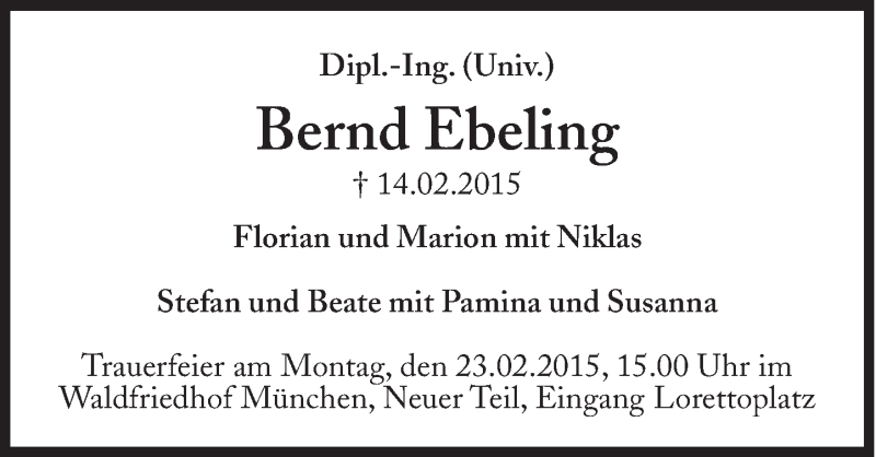  Traueranzeige für Bernd Ebeling vom 18.02.2015 aus Süddeutsche Zeitung