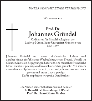 Traueranzeige von Prof. Dr. theol. Johannes Gründel von Süddeutsche Zeitung