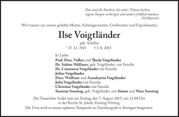 Traueranzeige von Ilse Voigtländer von Süddeutsche Zeitung
