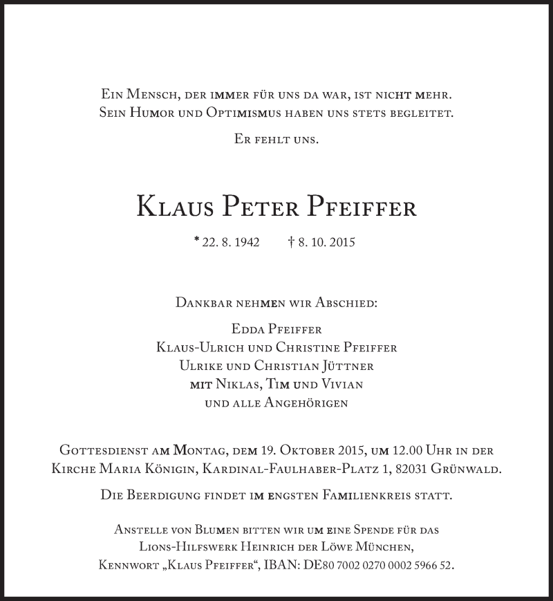  Traueranzeige für Klaus Peter Pfeiffer vom 14.10.2015 aus Süddeutsche Zeitung