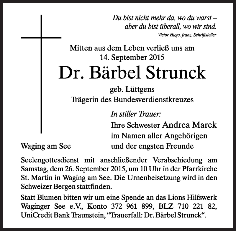  Traueranzeige für Bärbel Strunck vom 24.09.2015 aus Süddeutsche Zeitung