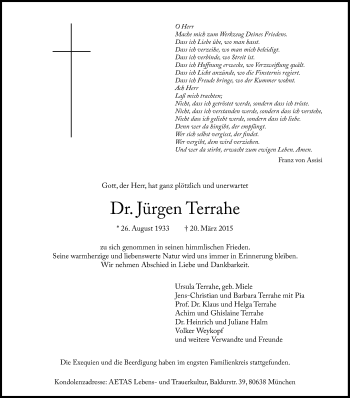 Traueranzeige von Jürgen Terrahe von Süddeutsche Zeitung