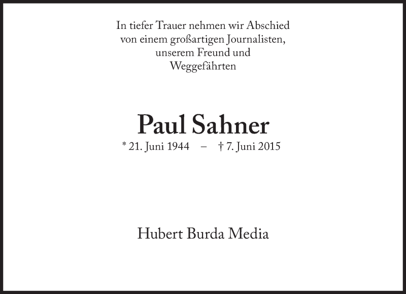  Traueranzeige für Paul Sahner vom 11.06.2015 aus Süddeutsche Zeitung