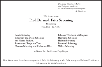 Traueranzeige von Fritz Sebening von Süddeutsche Zeitung