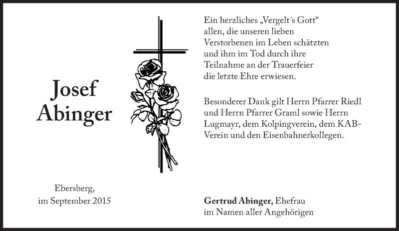  Traueranzeige für Josef Abinger vom 19.09.2015 aus Süddeutsche Zeitung