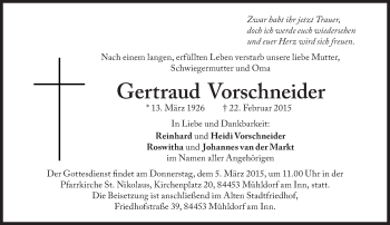Traueranzeige von Gertraud Vorschneider von Süddeutsche Zeitung