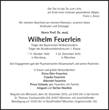 Traueranzeige von Wilhelm Feuerlein von Süddeutsche Zeitung