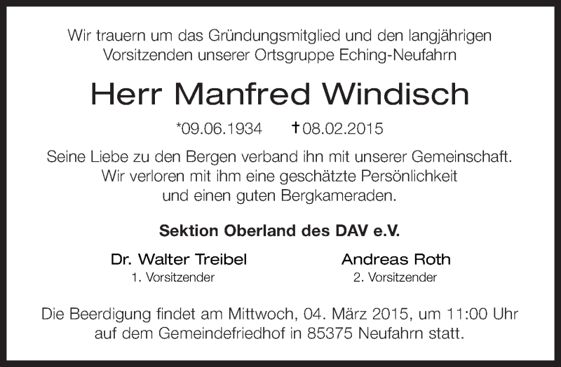  Traueranzeige für Manfred Windisch vom 21.02.2015 aus Süddeutsche Zeitung