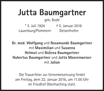 Traueranzeige von Jutta Baumgartner von Süddeutsche Zeitung