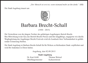 Traueranzeige von Barbara Marie Brecht-Schall von Süddeutsche Zeitung