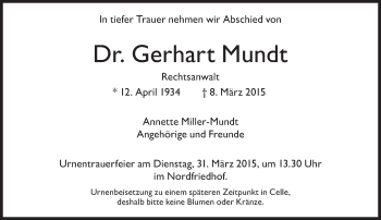 Traueranzeige von Gerhart Mundt von Süddeutsche Zeitung