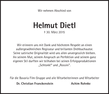 Traueranzeige von Helmut Dietl von Süddeutsche Zeitung