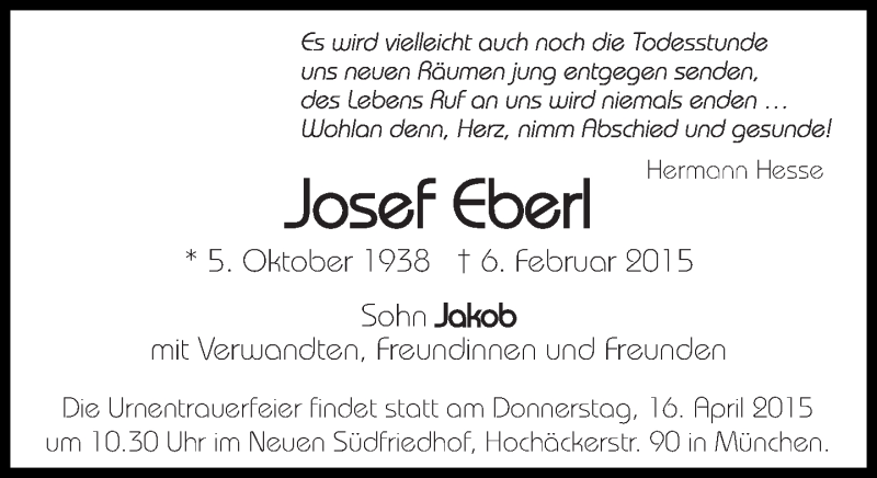  Traueranzeige für Josef Eberl vom 11.04.2015 aus Süddeutsche Zeitung