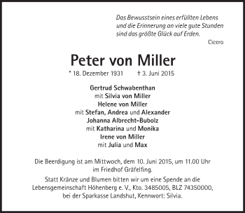 Traueranzeige von Peter von Miller von Süddeutsche Zeitung