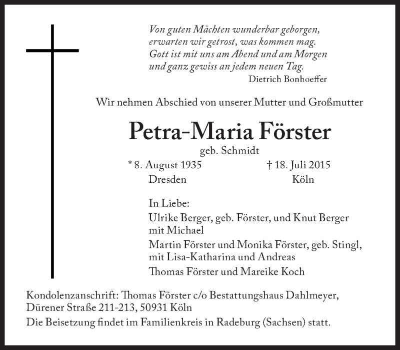  Traueranzeige für Petra-Maria Förster vom 21.07.2015 aus Süddeutsche Zeitung