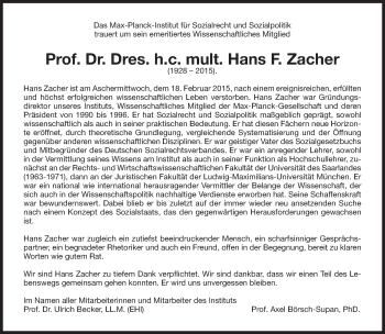 Traueranzeige von Hans F. Zacher von Süddeutsche Zeitung
