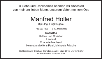 Traueranzeige von Manfred Holler von Süddeutsche Zeitung