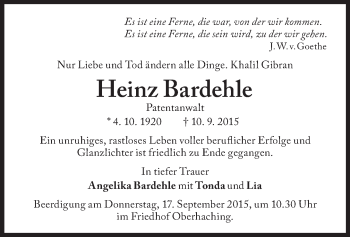 Traueranzeige von Heinz Bardehle von Süddeutsche Zeitung