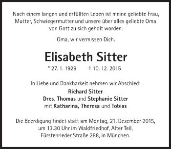 Traueranzeige von Elisabeth Sitter von Süddeutsche Zeitung