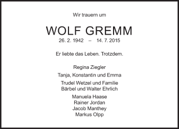 Traueranzeige von Wolf Gremm von Süddeutsche Zeitung