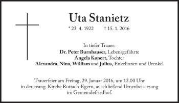 Traueranzeige von Uta Stanietz von Süddeutsche Zeitung