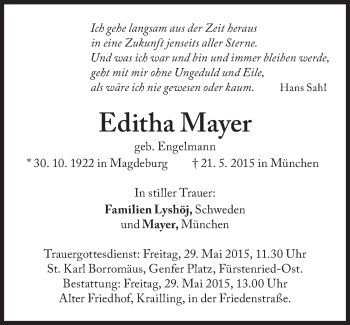 Traueranzeige von Editha Mayer von Süddeutsche Zeitung
