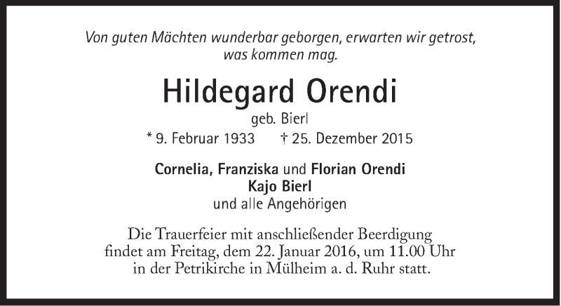 Traueranzeige für Hildegard Orendi vom 16.01.2016 aus Süddeutsche Zeitung