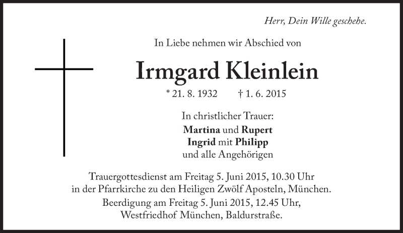  Traueranzeige für Irmgard Kleinlein vom 03.06.2015 aus Süddeutsche Zeitung