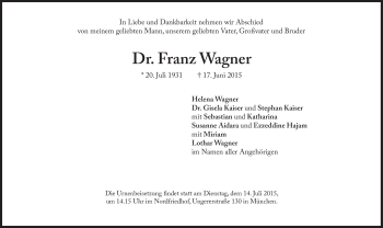 Traueranzeige von Franz Wagner von Süddeutsche Zeitung