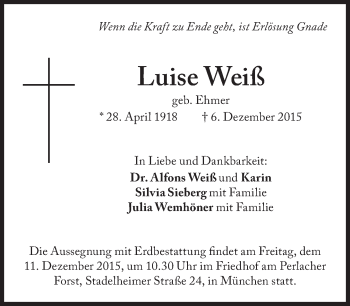 Traueranzeige von Luise Weiß von Süddeutsche Zeitung