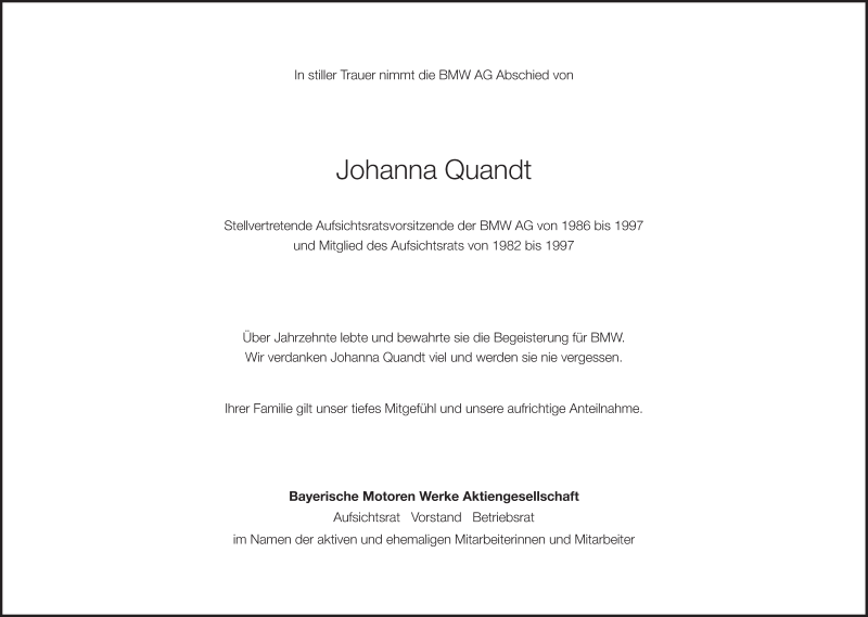  Traueranzeige für Johanna Maria Quandt  vom 07.08.2015 aus Süddeutsche Zeitung