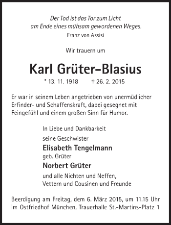 Traueranzeige von Karl Grüter-Blasius von Süddeutsche Zeitung