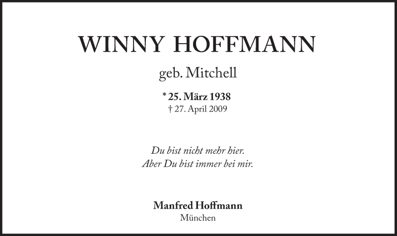  Traueranzeige für Winny Hoffmann vom 25.03.2015 aus Süddeutsche Zeitung