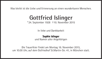 Traueranzeige von Gottfried Islinger von Süddeutsche Zeitung
