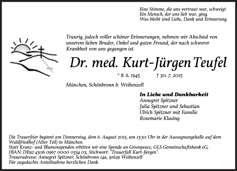  Traueranzeige für Kurt-Jürgen Teufel vom 04.08.2015 aus Süddeutsche Zeitung