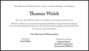 Traueranzeige von Thomas Walsh von Süddeutsche Zeitung