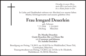Traueranzeige von Irmgard Deuerlein von Süddeutsche Zeitung