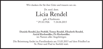 Traueranzeige von Licia Rendel von SZ Trauer