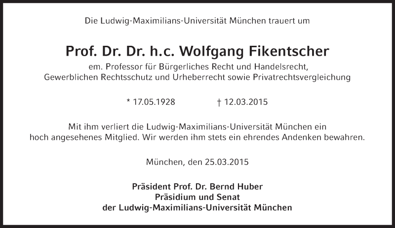  Traueranzeige für Wolfgang Fikentscher vom 25.03.2015 aus Süddeutsche Zeitung