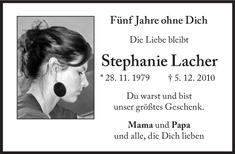  Traueranzeige für Stephanie Lacher vom 05.12.2015 aus SZ Trauer