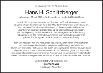 Traueranzeige von Hans H. Schlitzberger von Süddeutsche Zeitung