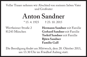 Traueranzeige von Anton Sandner von Süddeutsche Zeitung