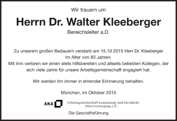 Traueranzeige von Walter Kleeberger von Süddeutsche Zeitung