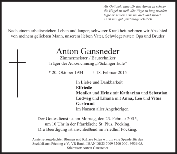 Traueranzeige von Anton Gansneder von Süddeutsche Zeitung