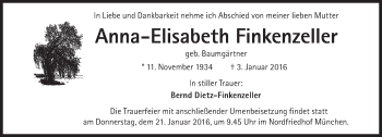Traueranzeige von Anna-Elisabeth Finkenzeller  von Süddeutsche Zeitung