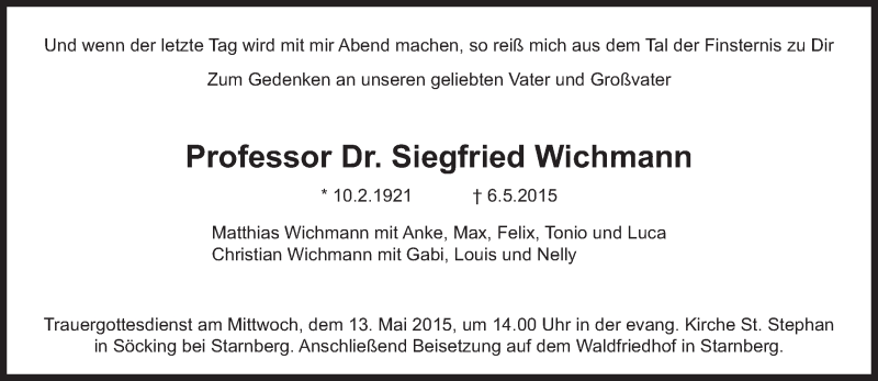  Traueranzeige für Siegfried Wichmann vom 09.05.2015 aus Süddeutsche Zeitung